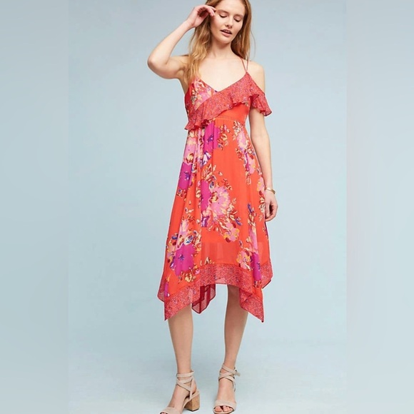 Maeve Grecia Ruffle Midi Dress Sz 0 Red Floral Asymmetrical Flowy Strappy Dress - Picture 14 of 14